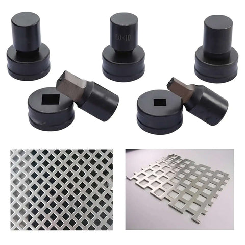 Square Die Punching Set for CH-70 Machine, Hydraulic Die Kit with Upper and Lower Dies, 17x17mm Slotting Punch, metal grids visible