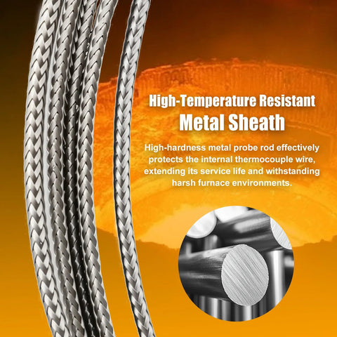 TCE-K02H3-100 K-type thermocouple probe with metal braided sheath for furnace use.