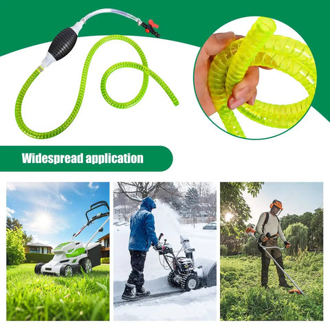 Heavy Duty Manual Fuel Siphon Pump For Cars And Trucks Featuring Wicked Smooth High Flow Transfer PVC Hose With Reliable Anti Backflow Valve Universal Fit For Diesel Gas Oil Water Pulls Fluid Like A Dream with yellow spiral hose.
