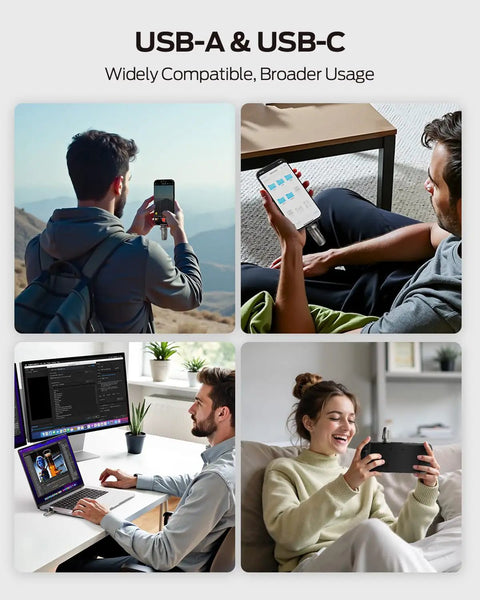 People using Beast 1TB Portable SSD with USB 3 Gen2 Type C Dual Ports 1000MBps on iPhone, MacBook, and Android devices.