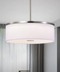 Drum Pendant Light With Brushed Nickel Trim And Linen Shade 14 Inch LED Fixture 25W for kitchen or dining rooms.
