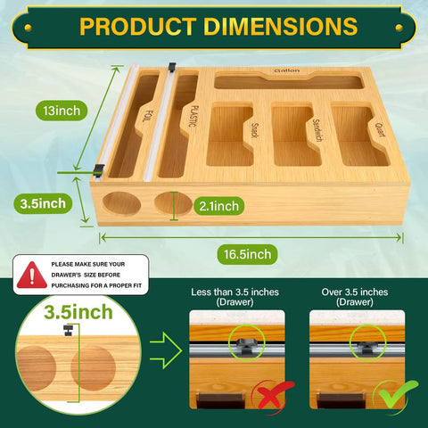 Product dimensions of the Slick Bamboo Kitchen Drawer Organizer With Plastic Wrap Dispenser And Foil Cutter, 6 In 1 Multi Size Bag Holder.