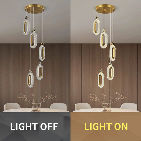 Gold Brushed Modern Pendant Lights for Kitchen Island Three Light LED Dimmable Fixture with Adjustable Height, light off vs on view