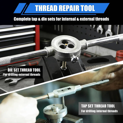 Pro Grade All In One Metric Tap And Die Set Kit With Storage Case M2 To M18 Thread Repair tool showing components and usage