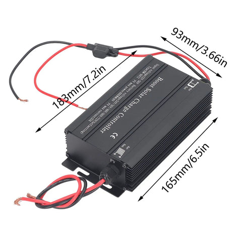 Heavy Duty Mppt Solar Charge Controller With Four Digit Display And High Efficiency Boost Technology For Rv Camper Van And Off Grid Power Zero Sweat Setup, black design with wiring.