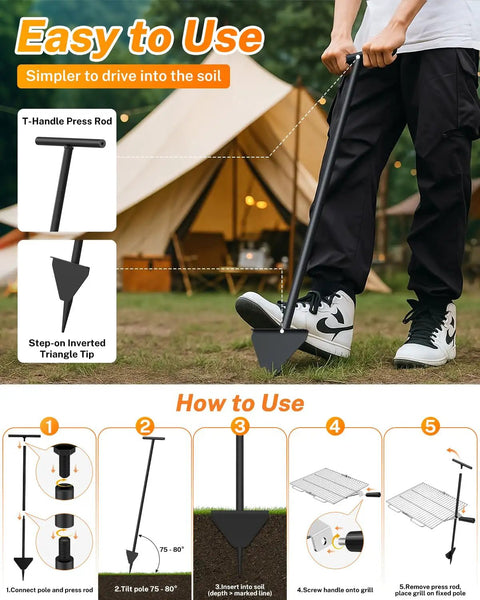 Person using a T-handle press rod to secure Portable Campfire Grill Grate For Fire Pit Foldable Stainless Steel With Height Adjustable Legs.