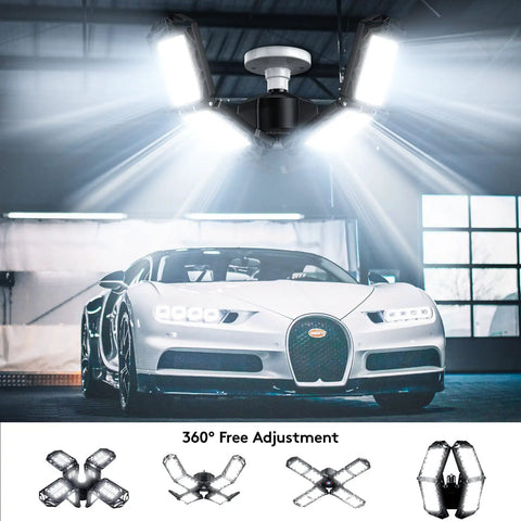 Garage with luxury car under bright LED ceiling lights, showcasing 360-degree adjustable design.