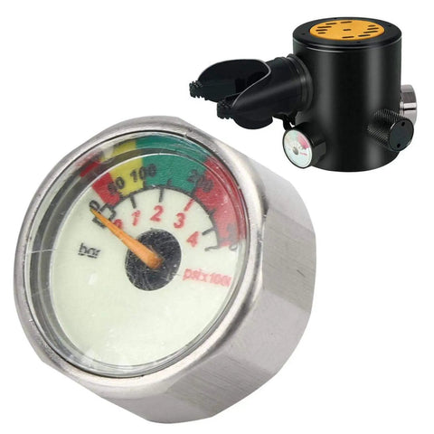 Close-up of Scuba Diving Pony Bottle Pressure Gauge 300 Bar Waterproof Stainless Steel M10 Thread For Small Diving Cylinder Emergency Backup Tank Ultra Durable Dive Gear