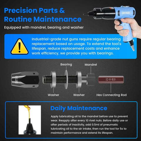 Pneumatic Rivet Nut Gun Kit With M6 M8 M10 Mandrels, showing parts: bearing, mandrel, washers, and hex connecting rod, self locking head.