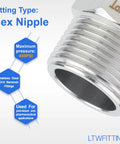One Hundred Pack Stainless Steel 316 Hex Nipple Pipe Fittings 3/4 Inch Male NPT Thread Heavy Duty for 450PSI applications.