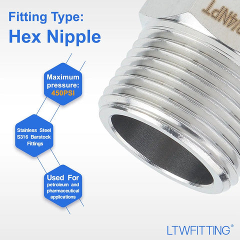 One Hundred Pack Stainless Steel 316 Hex Nipple Pipe Fittings 3/4 Inch Male NPT Thread Heavy Duty for 450PSI applications.