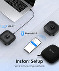 Boss Level Conference Phone for Small Teams With 360 Degree Mic Array and Noise Cancellation, USB-C and Bluetooth shown with devices
