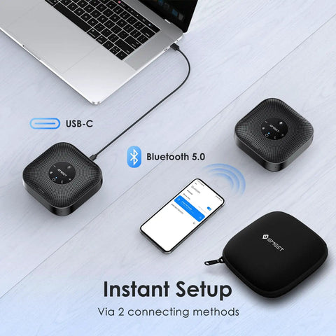 Boss Level Conference Phone for Small Teams With 360 Degree Mic Array and Noise Cancellation, USB-C and Bluetooth shown with devices