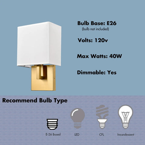 Gold Mid Century Wall Sconces Set Of 2 With White Linen Shade showing bulb recommendations and specifications