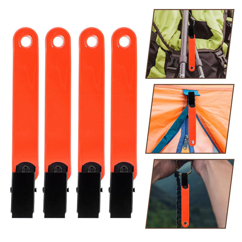 Glow Reflective Trail Marker Clips For Outdoor Hiking And Hunting Orange PVC Clips With Glow Tape, pack of 4, shown attached to gear.