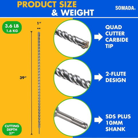 SOMADA 1 in x 39 in SDS-Plus long drill bit with quad-cutter carbide tip and 10 mm shank