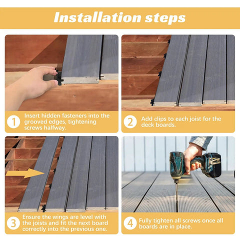 Installation steps for Heavy Duty Hidden Deck Fasteners For Composite And Wood Board Edges With Weatherproof Screws and Universal Hideaway Clamps.