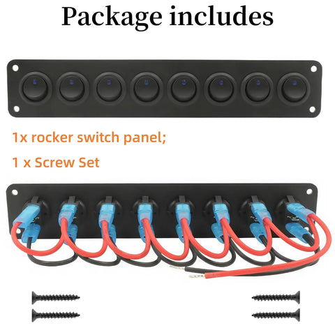 Package includes for 8 Gang Round Rocker Switch Panel With LED Indicator and screws, back wiring shown