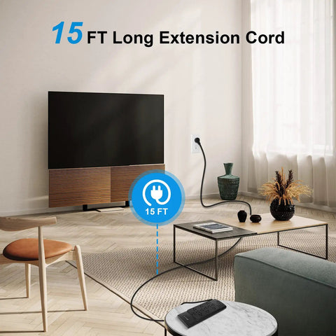 Ultimate Home Office Power Strip With USB Ports And 12 Outlets And 4 USB Chargers, 15-foot cord in modern living room scene.