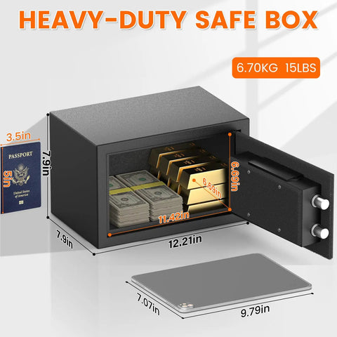 Open Compact Fireproof Safe For Home And Office With Alarm System showing cash and gold bars inside, dimensions visible.