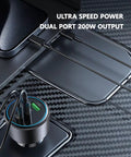 Top Shelf 200W Usb C Car Charger Featuring Dual 100W PD Ports For Super Fast Laptop And Phone Charging Includes Two Heavy Duty Usb C Cables For Your Daily Grind, showcasing charger with cables.