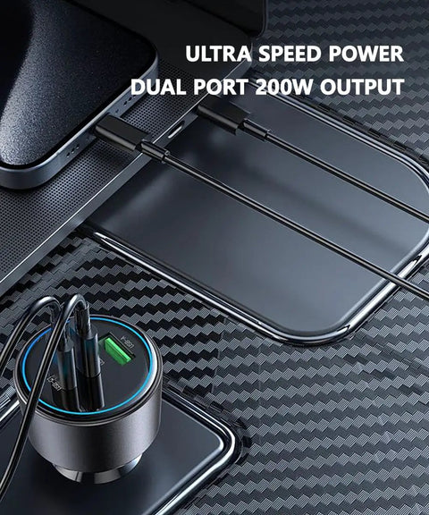 Top Shelf 200W Usb C Car Charger Featuring Dual 100W PD Ports For Super Fast Laptop And Phone Charging Includes Two Heavy Duty Usb C Cables For Your Daily Grind, showcasing charger with cables.