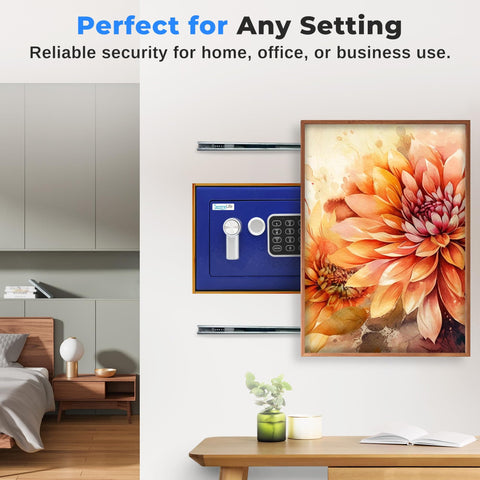 Premium Steel Digital Safe Box With Electronic And Mechanical Access For Cash Jewelry And Small Guns Compact 9.1 Inch By 6.7 Inch By 6.7 Inch Lockbox in a home setting, installed behind framed art.