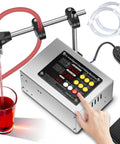 Pro Grade Liquid Filling Machine 1 To 100 Oz Bottle Filler with Foot Pedal, Diaphragm Pump, Digital Control shown with red liquid filling
