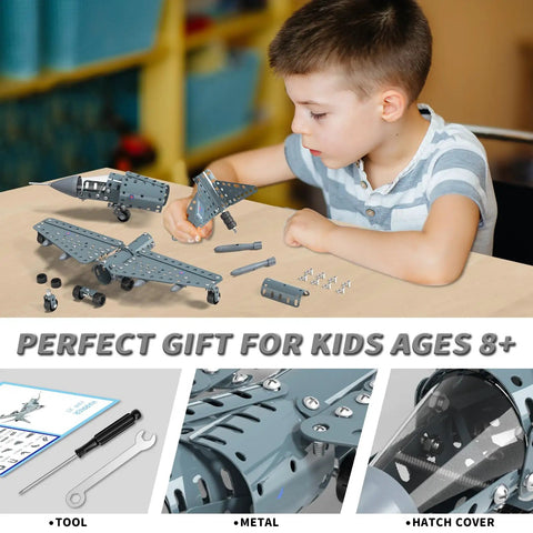 Child assembling STEM Building Project Airplane Kit For Kids 8 9 10 11 12 with 282 pieces, model jet set, hands-on science toy.
