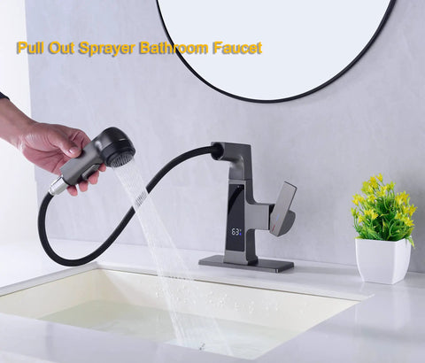 LED Bathroom Faucet With Pullout Sprayer Grey Digital Temperature Display in use over modern sink setup