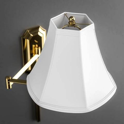 Polished Brass Wall Swing Arm Lamp with Off White Fabric Shade, showcasing classic style and traditional vibe in 15x25x24 dimensions.