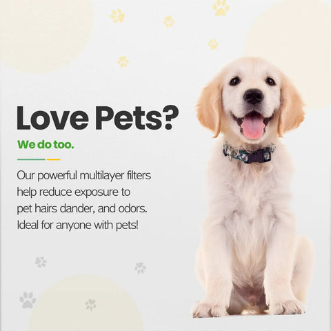 Golden retriever puppy with 'Love Pets?' text promoting air purifier filters for pet hair and odor control.
