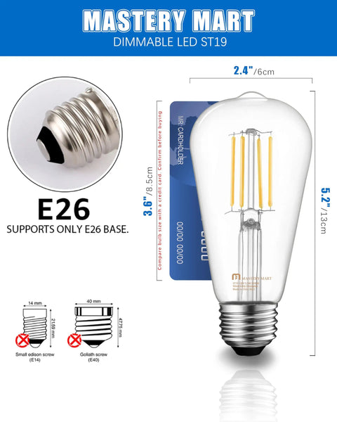 10 Pack Vintage Edison LED Bulbs E26 Dimmable 5.5W 60W Equiv Daylight White 5000K ST19 Clear Glass High Brightness diagram