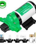 Diaphragm Water Pressure Pump 115V, 4 GPM At 45 PSI With 100 Ft Lift, includes built-in strainer and fittings, green and black design