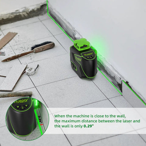 3 X 360 Cross Line Laser Level 3D Self Leveling With Green Beam projecting lines on floor and wall for accurate alignment.