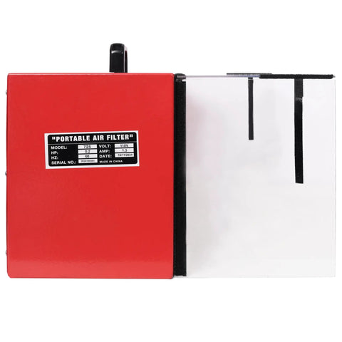 Shop Grade Workhorse Portable Tabletop Dust Collector With Knockout 725 CFM Suction and Variable Speed Motor Including HEPA Filter side view showing air filter panel.