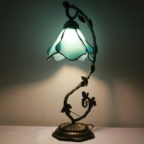 Blue Tiffany Style Stained Glass Table Lamp With Metal Leaf Base, Desk Reading Light, UL Listed, S701 Series