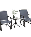 Three Piece Outdoor Glider Bistro Set With Glass Tabletop And Two Patio Rocking Chairs in Breathable Sling Fabric, Gray