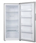 Interior view of 14 Cubic Foot Upright Freezer With Frost Free Cooling And Adjustable Shelving showcasing sliding shelves and storage bins.