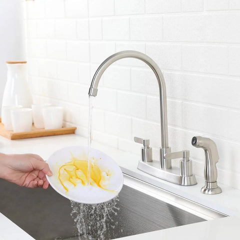 Brushed Nickel Kitchen Faucet With Sprayer, 2-Handle High Arc Sink Faucet, 360 Degree Swivel, 3 Or 4 Hole Install, For Kitchen RV Utility Sink, Lead Free Ceramic Cartridge, SUS304 Stainless Steel in use washing a plate