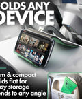 Airplane Travel Phone Holder, Flexible Folding Desk Stand, shown with phone on airplane tray table, lightweight green design