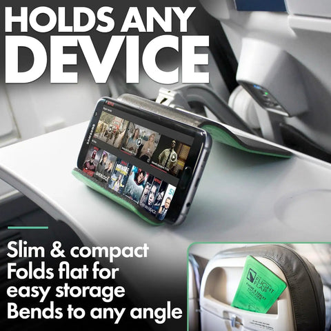 Airplane Travel Phone Holder, Flexible Folding Desk Stand, shown with phone on airplane tray table, lightweight green design