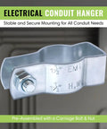 Close-up of a galvanized conduit hanger with carriage bolt and nut, part of 20 Pack Lighting Conduit Hangers For One And A Half Inch Clamps