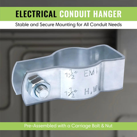 Close-up of a galvanized conduit hanger with carriage bolt and nut, part of 20 Pack Lighting Conduit Hangers For One And A Half Inch Clamps