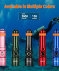 Different colors of Beast Mode 3000 Lumen Underwater Dive Light with 6 Degree Narrow Beam for Night Dives