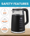 1.7L Dual Wall Electric Tea Kettle With Cool Touch Borosilicate Glass, 304 Stainless Steel Interior, Digital Touchscreen, Black