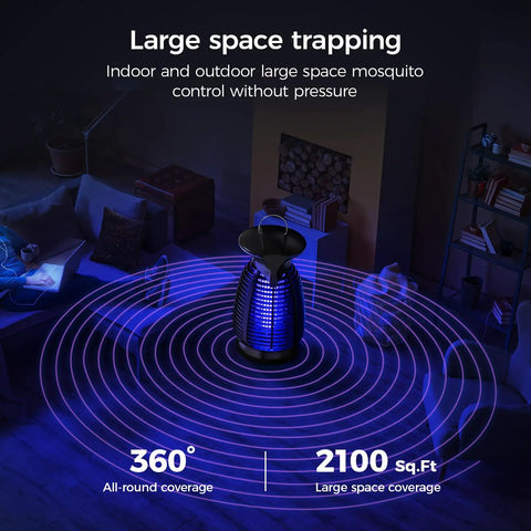 LED Bug Zapper for Home and Outdoors with Powerful Mosquito Killer Light in living room demonstrating 2000 sq ft coverage