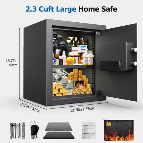 2.3 Cu Ft Fireproof Home Safe with digital keypad electronic lock, removable shelf, and adjustable rails, storing valuables