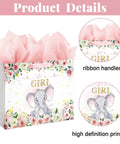 13 Inch Large Baby Shower Gift Bag For Girls With Pink Floral Elephant Design And Durable Handles Includes Tissue Paper Pack And Greeting Card