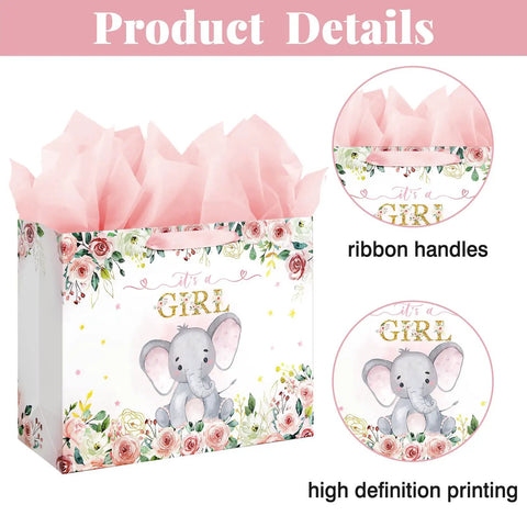 13 Inch Large Baby Shower Gift Bag For Girls With Pink Floral Elephant Design And Durable Handles Includes Tissue Paper Pack And Greeting Card